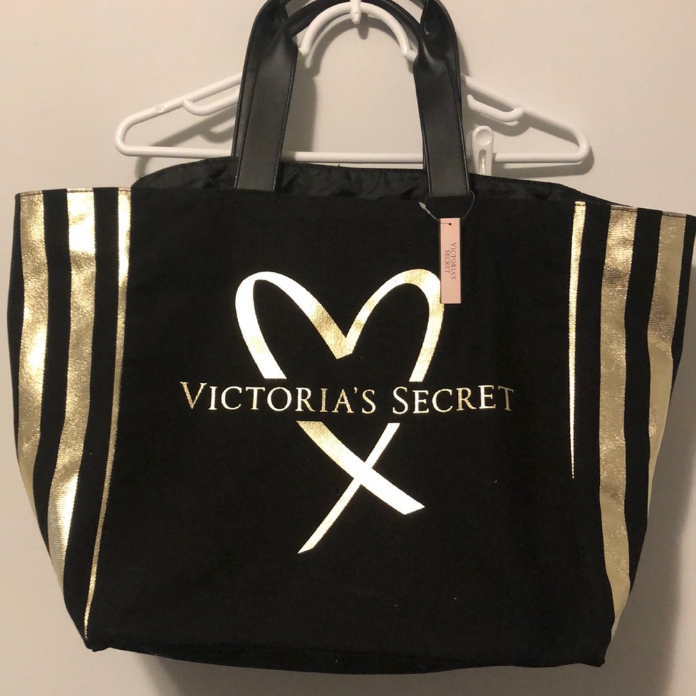 NWT Victoria Secret Black and Gold Stripped Tote Bag